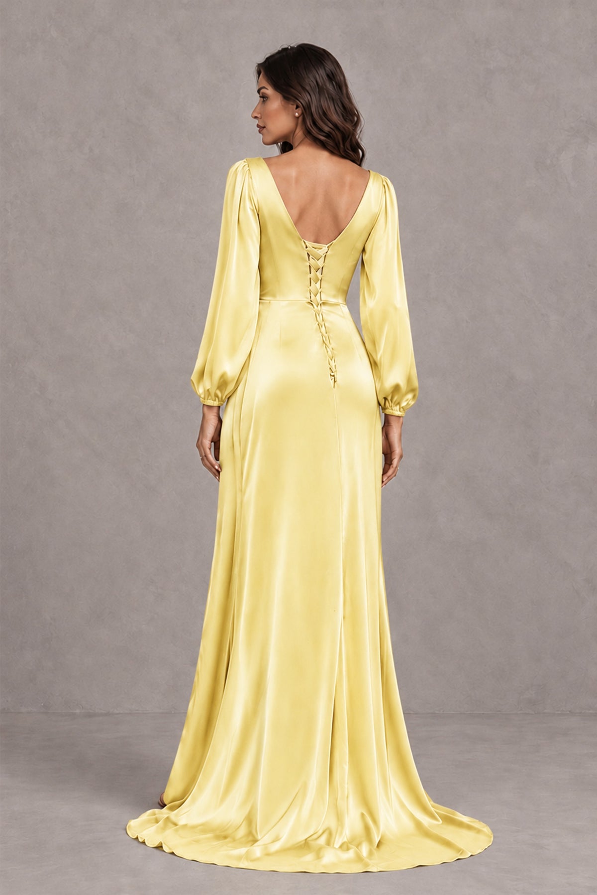 BOLODOO Yellow Satin-Look Long Sleeve Evening Dress with High Slit - Yellow - Yellow_2