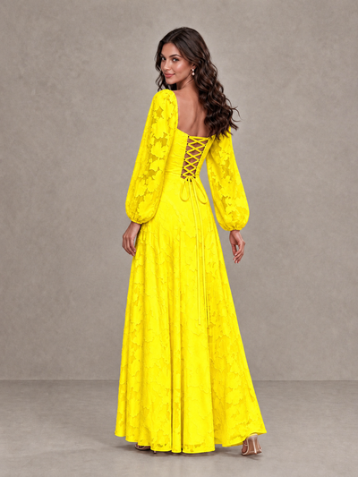 BOLODOO Yellow Floral Long Sleeve A-Line Bridesmaid Dress - Yellow - Yellow_2