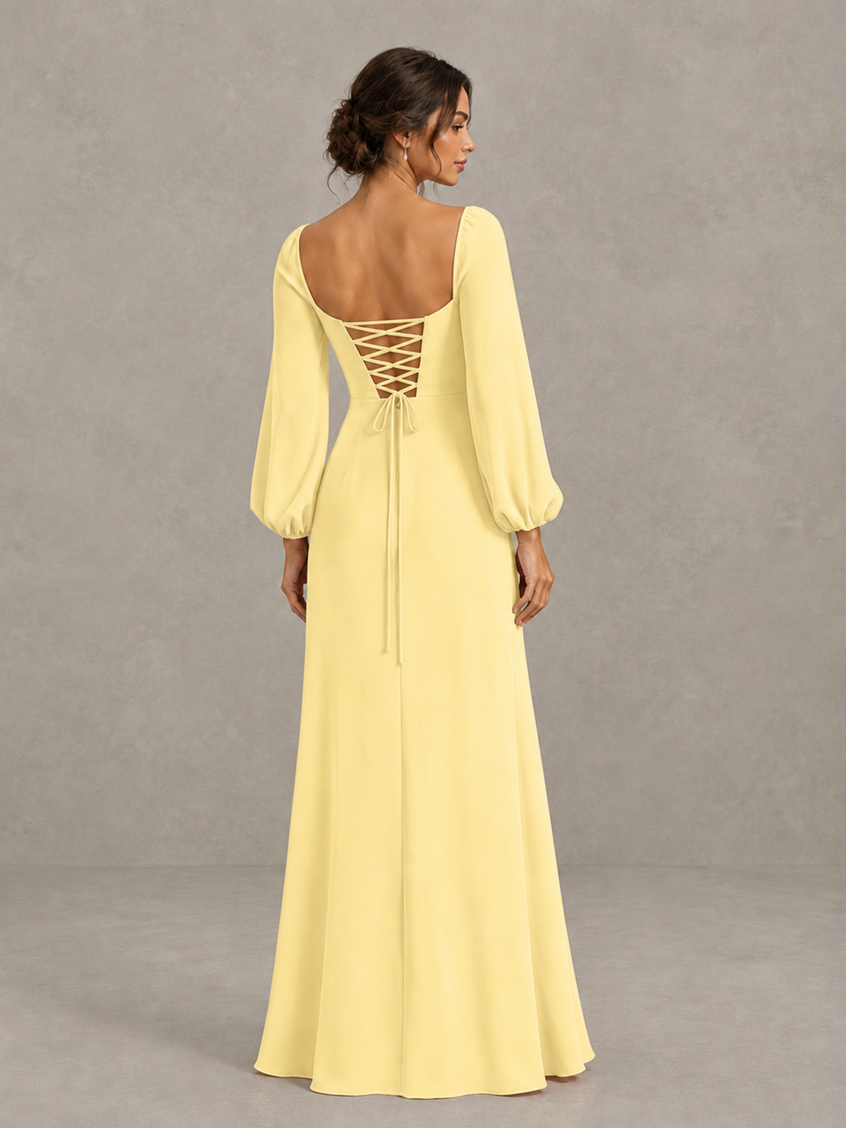 BOLODOO Yellow Square Neck Long Sleeve Bridesmaid Dress with High Slit - Yellow - Yellow_2
