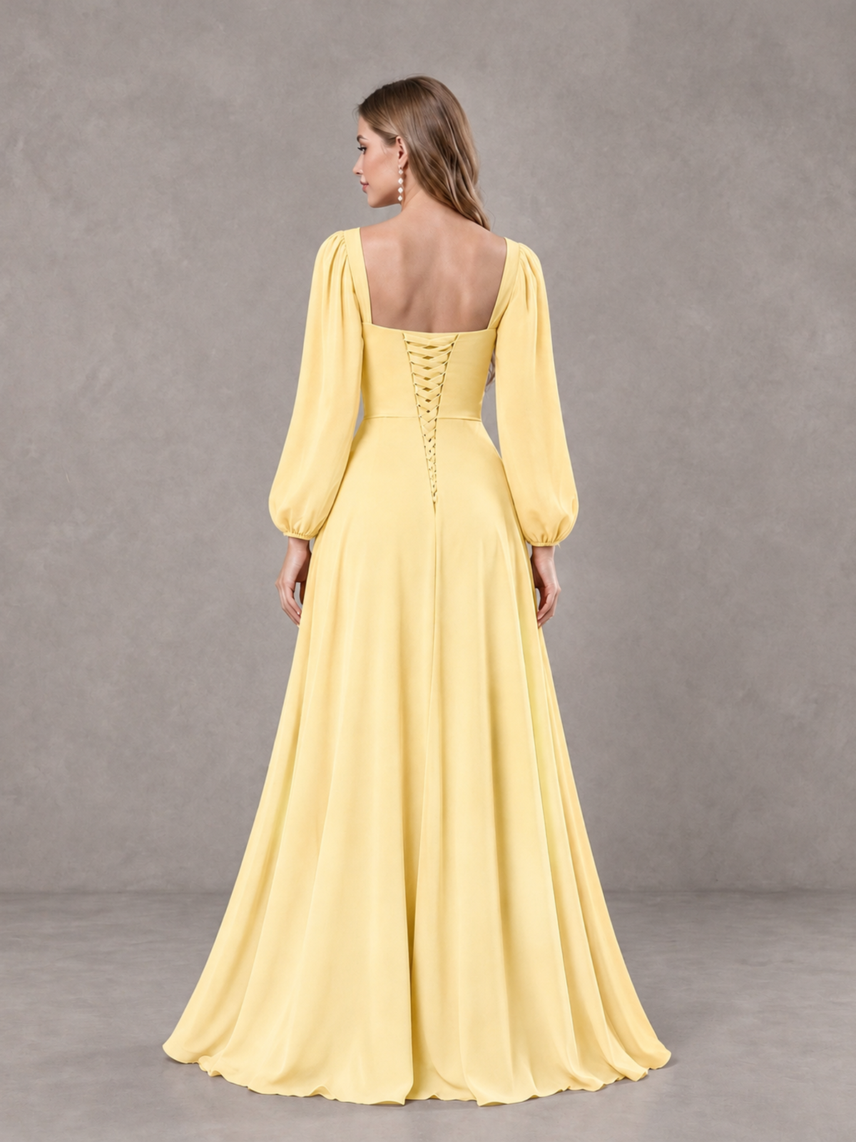 BOLODOO Yellow Square Neck Long Sleeve Bridesmaid Dress with Ruffle Slit - Yellow - Yellow_2