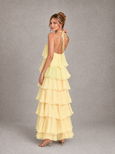 BOLODOO Yellow Halter Tiered Ruffle Maxi Bridesmaid Dress - Yellow - Yellow_2
