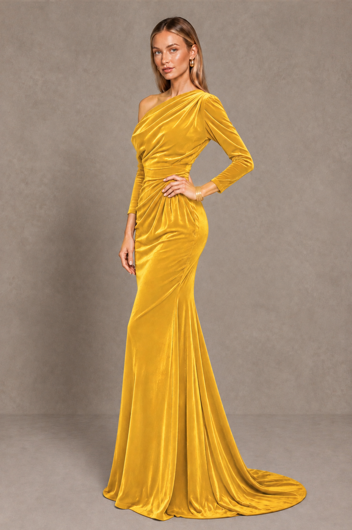 BOLODOO Yellow Velvet Asymmetric Neck Mermaid Evening Dress - Yellow - Yellow_2