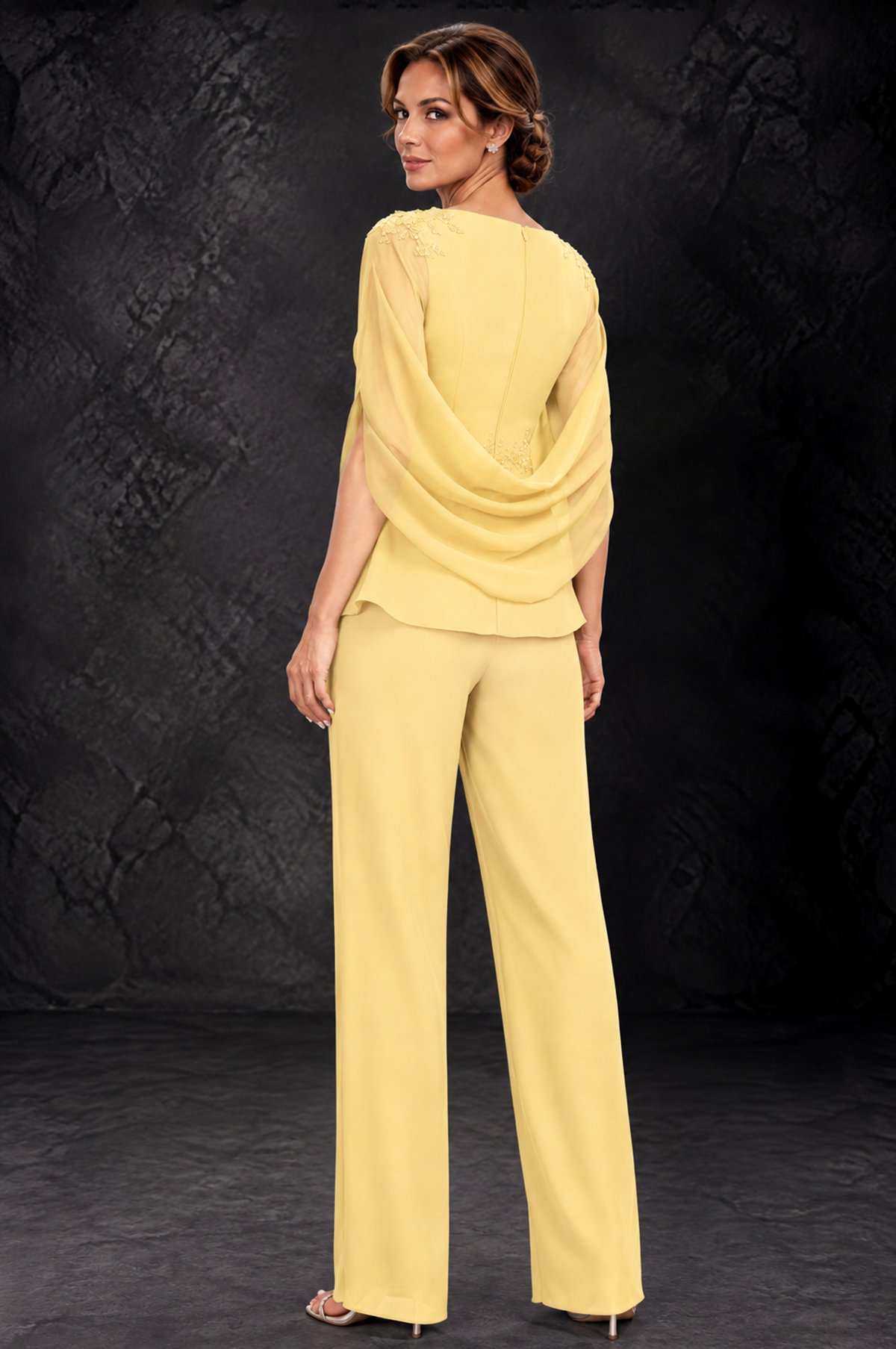 BOLODOO Yellow Embellished Cape Sleeve Mother of the Bride Pantsuit - Yellow - Yellow_2