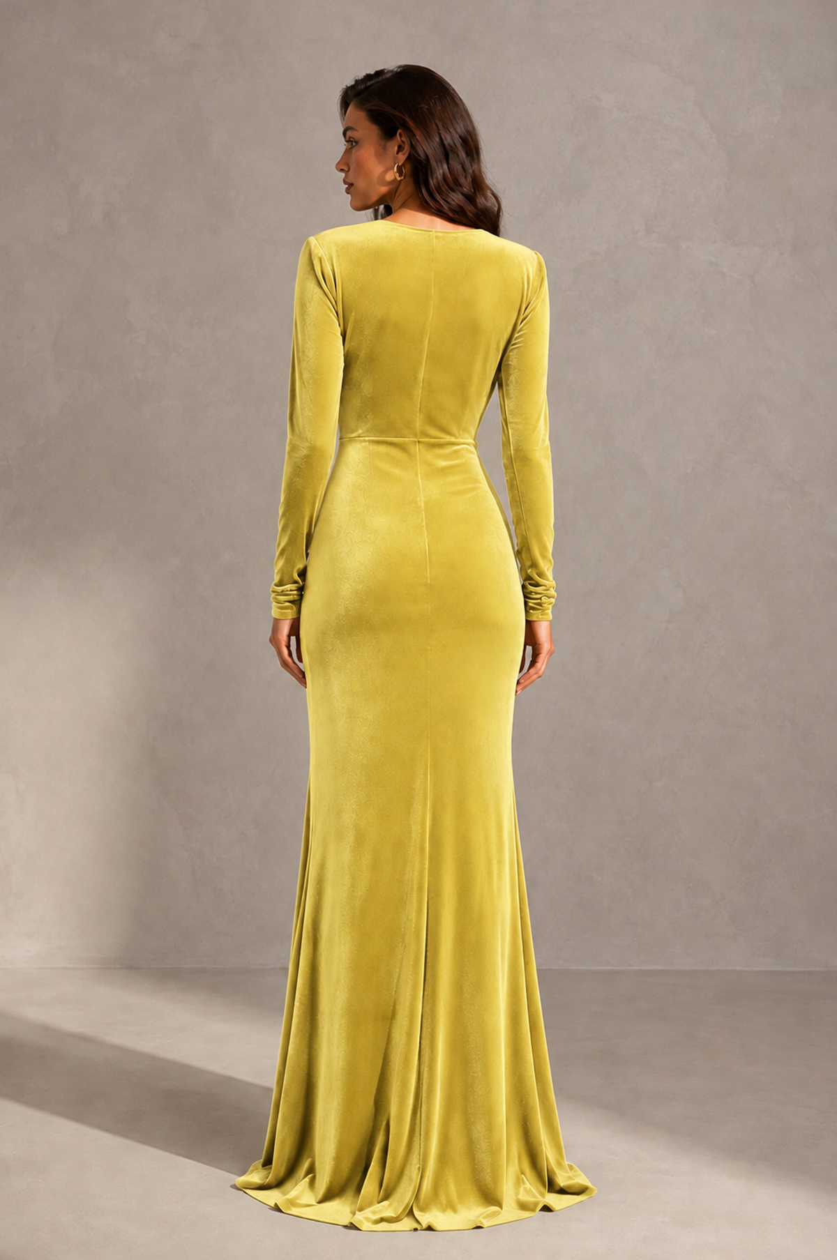 BOLODOO Yellow Velvet Long Sleeve V-Neck Ruched Evening Gown - Yellow