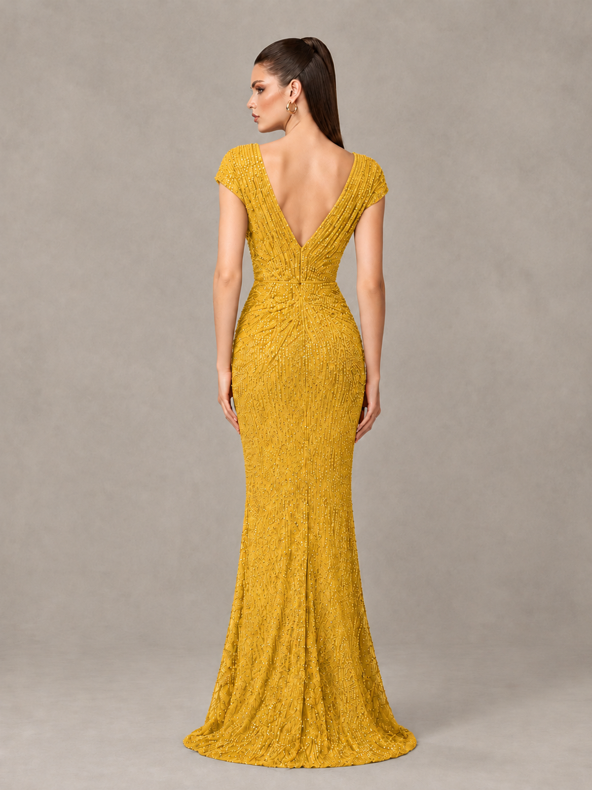 BOLODOO Yellow Glitter V-Neck Cap Sleeve Ruched Mermaid Evening Gown - Yellow - Yellow_2