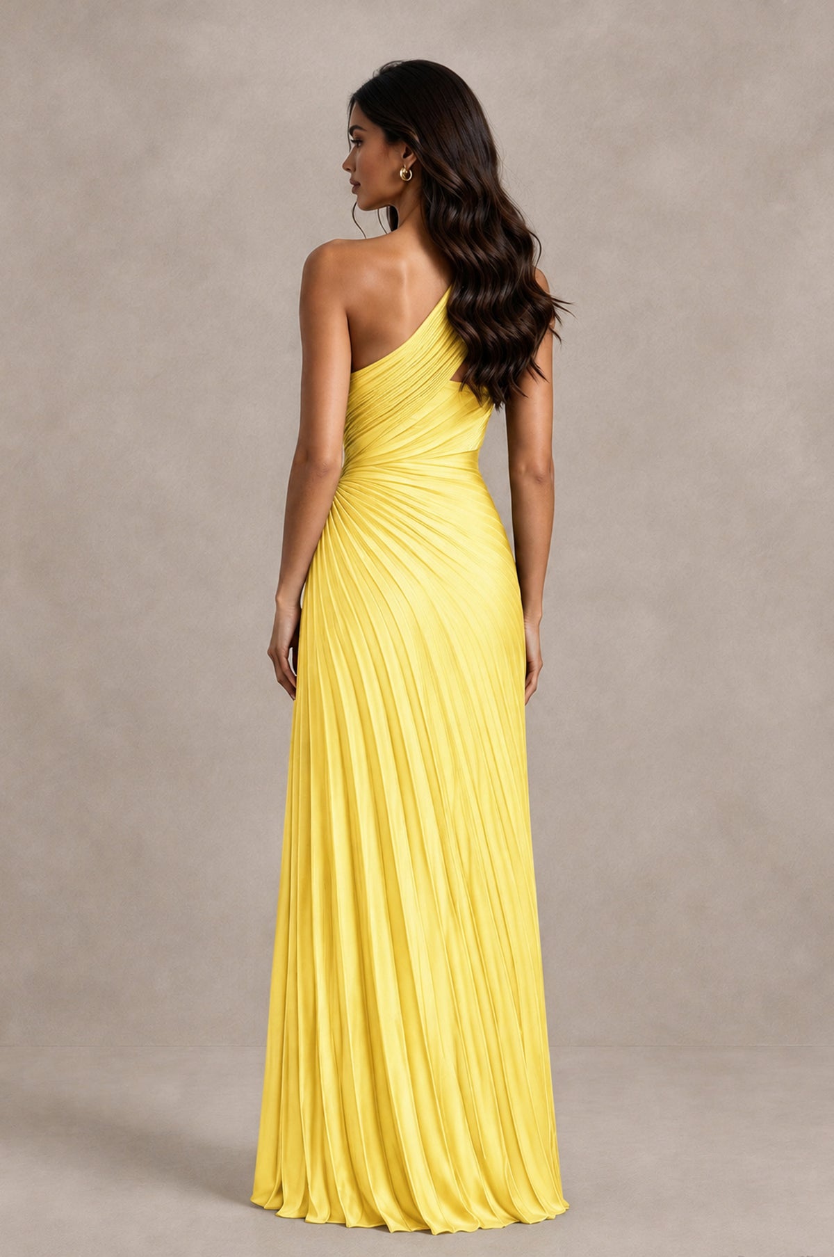 BOLODOO Yellow One Shoulder Pleated Evening Dress with Ruched Waist and High Slit - Yellow - Yellow_2