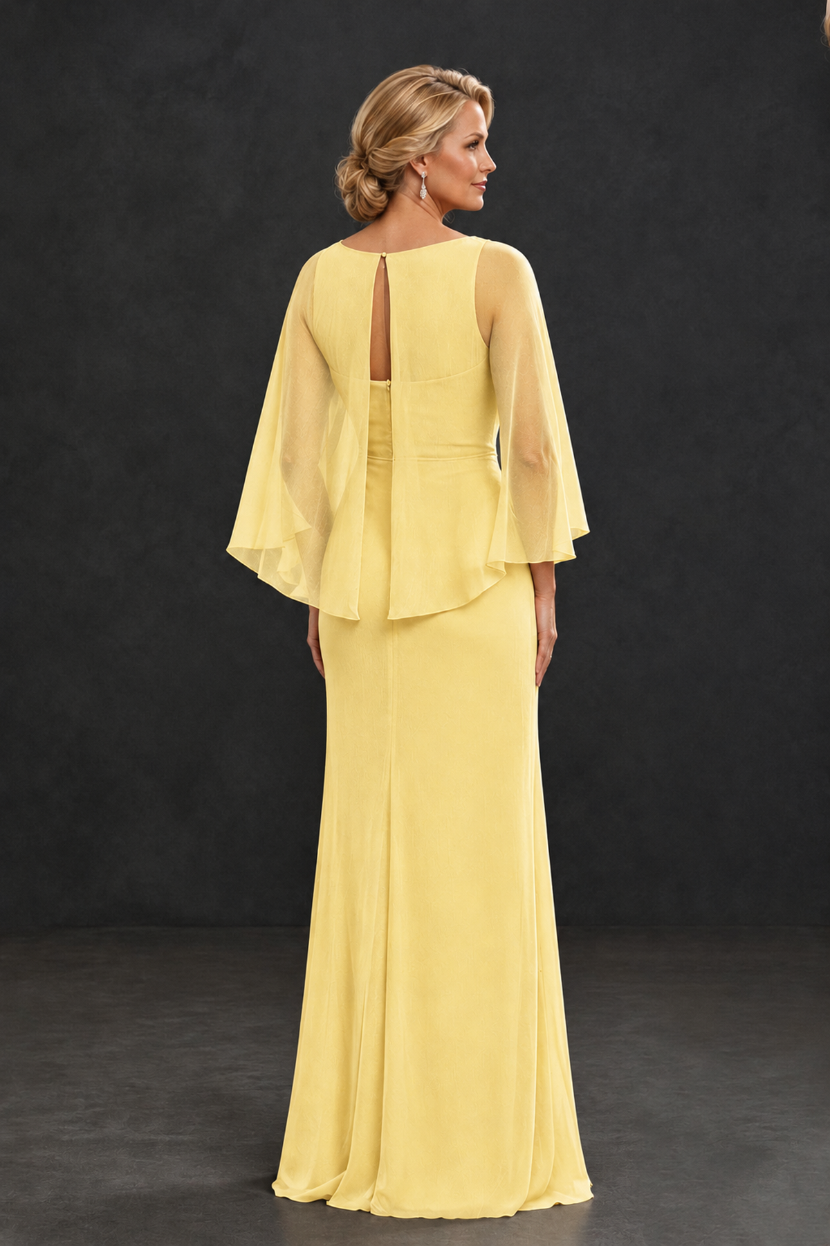 BOLODOO Yellow Cape Sleeve Mother of the Bride Dress with Ruched Waist - Yellow - Yellow_2