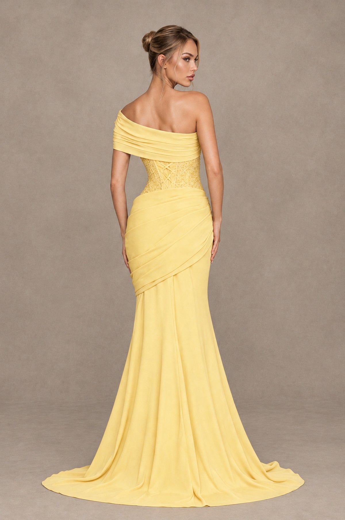 BOLODOO Yellow One-Shoulder Sequin Embroidered Ruched Mermaid Gown with Train - Yellow - Yellow_2