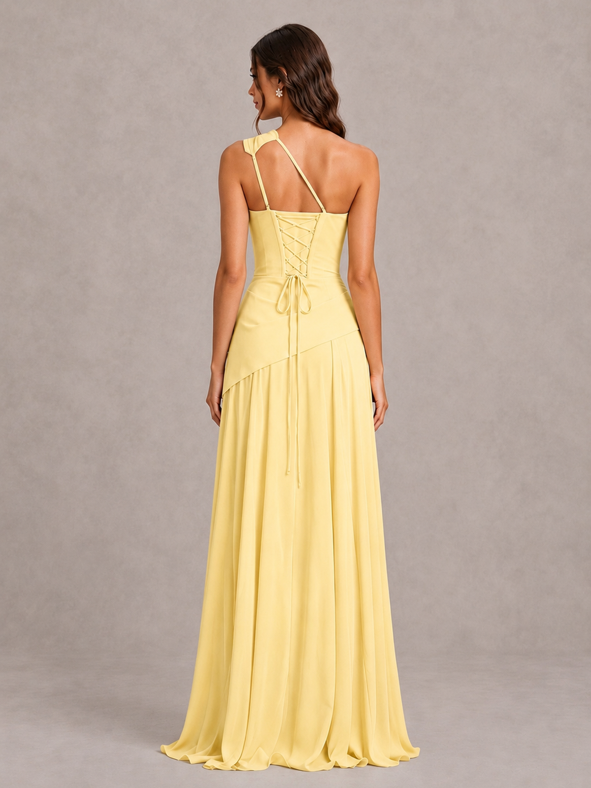 BOLODOO Yellow One-Shoulder Lace-Up Back Bridesmaid Dress - Yellow - Yellow_2