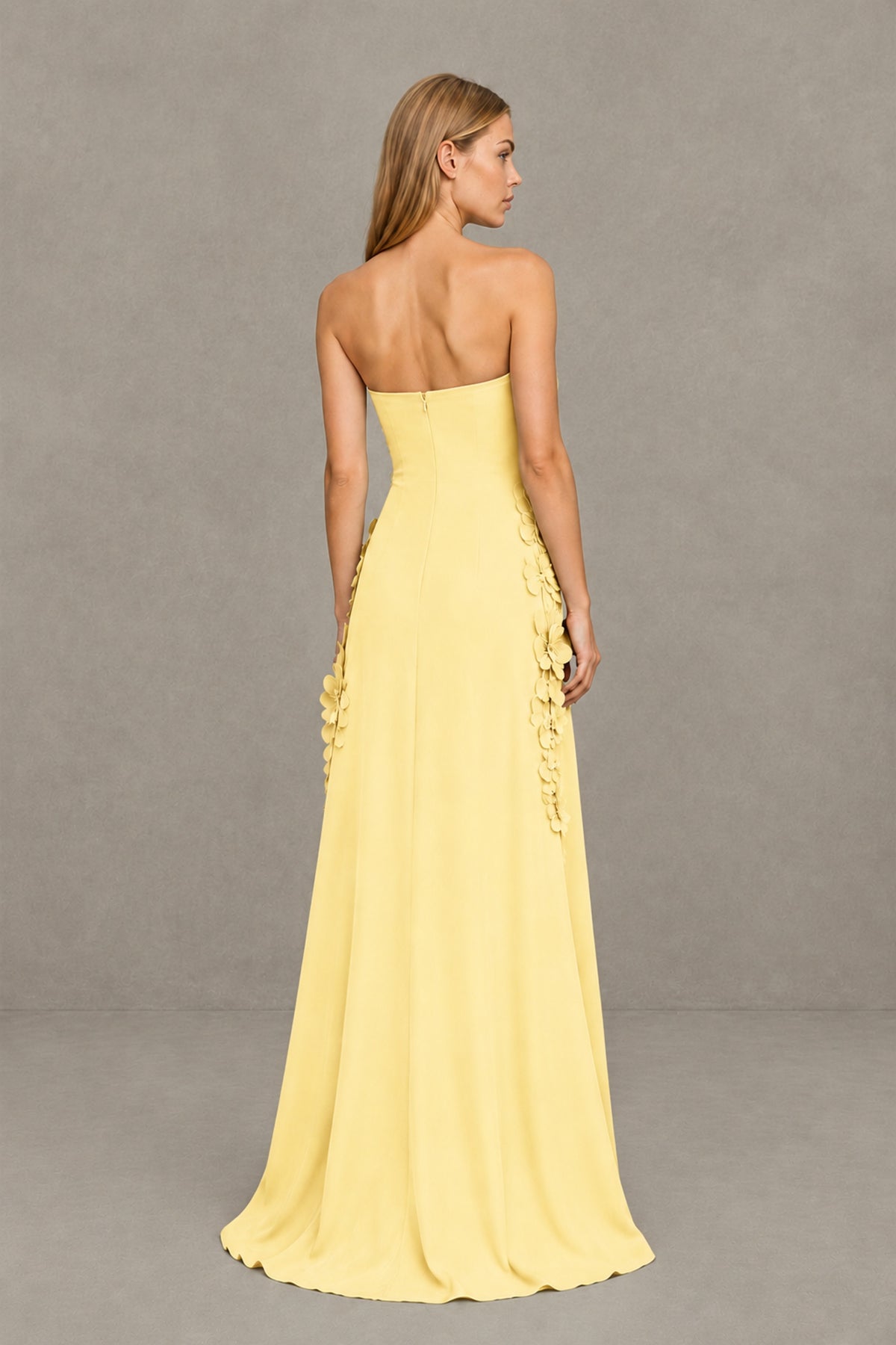 BOLODOO Yellow Strapless 3D Floral Appliqué Crepe Maxi Gown - Yellow - Yellow_2