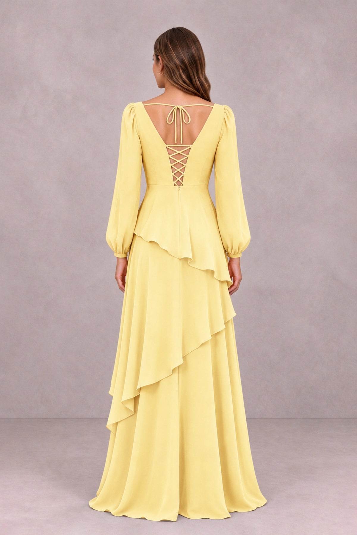 BOLODOO Yellow Long Sleeve Ruffle Bridesmaid Dresses - Yellow - Yellow_2