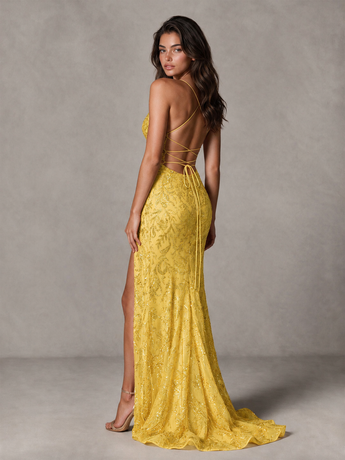 BOLODOO Yellow Sequin Prom Dress with Lace-Up Back and High Slit - Yellow - Yellow_2
