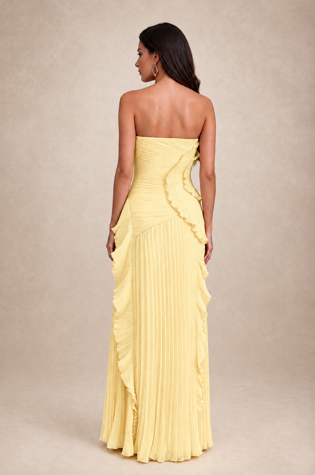 BOLODOO Yellow Strapless Ruffle Pleated Slit Evening Gown - Yellow - Yellow_2
