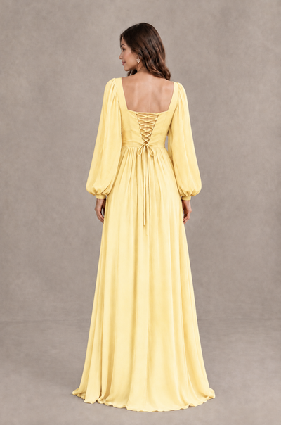 BOLODOO Yellow Long Sleeve V-Neck A-Line Bridesmaid Dress - Yellow - Yellow_2