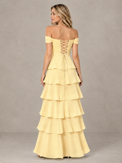 BOLODOO Yellow Off-Shoulder Tiered Ruffle Bridesmaid Dress with Lace-Up Back - Yellow - Yellow_2