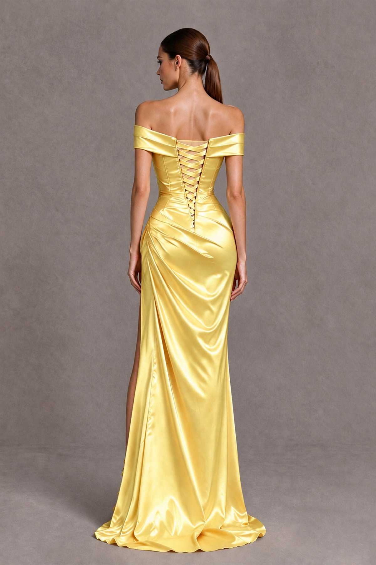 BOLODOO Yellow Off-the-Shoulder Ruched Satin Prom & Evening Dress with High Slit - Yellow - Yellow_2