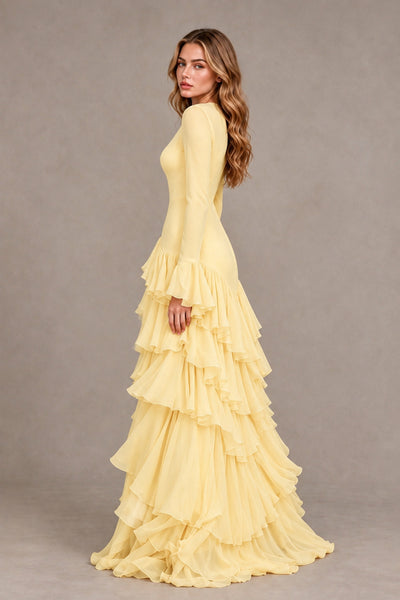 Yellow Long Sleeve Tiered Ruffle Evening Gown - Yellow - Yellow_2
