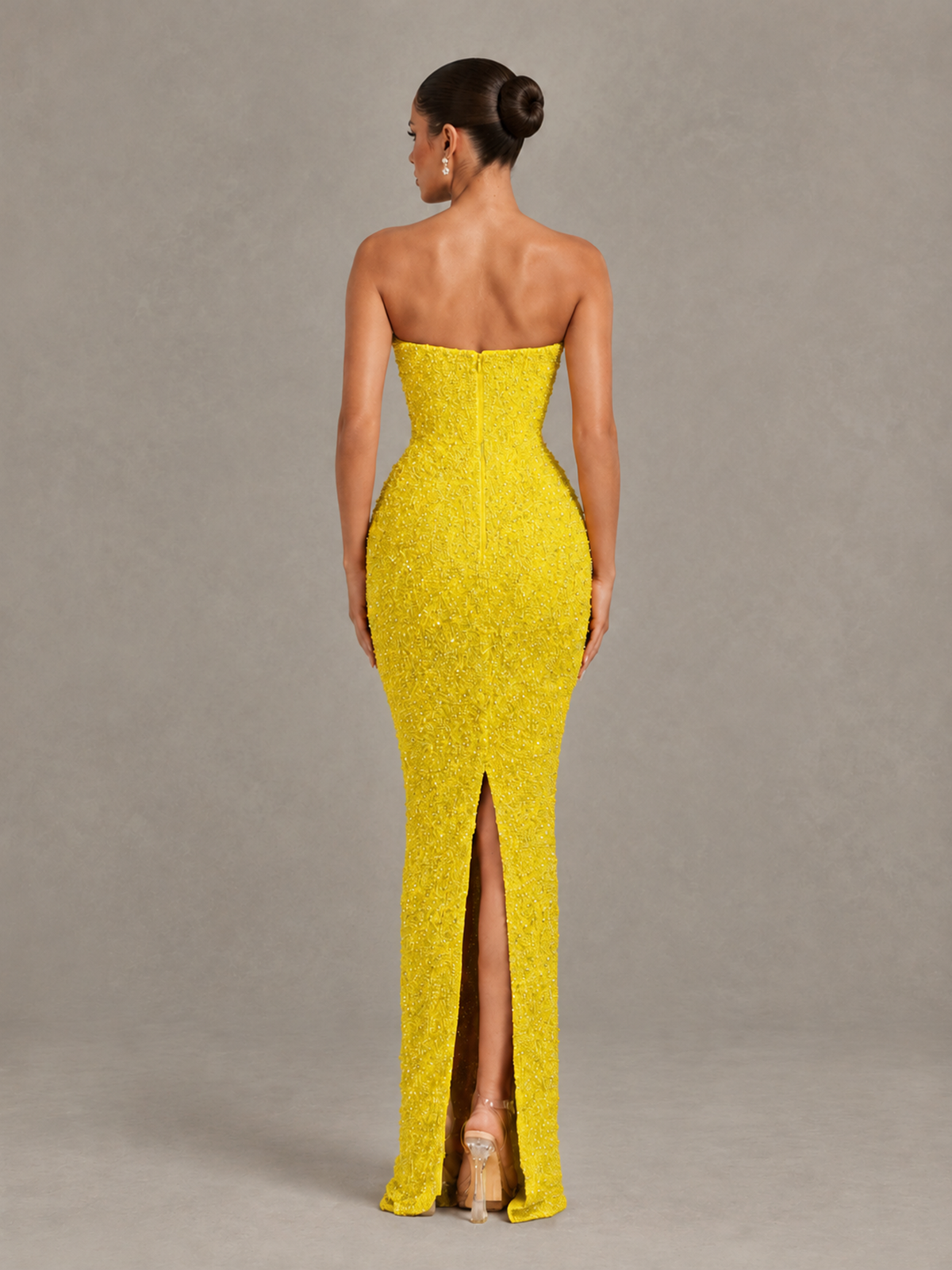 BOLODOO Yellow Strapless Sequin Evening Gown with Floral Neckline - Yellow - Yellow_2