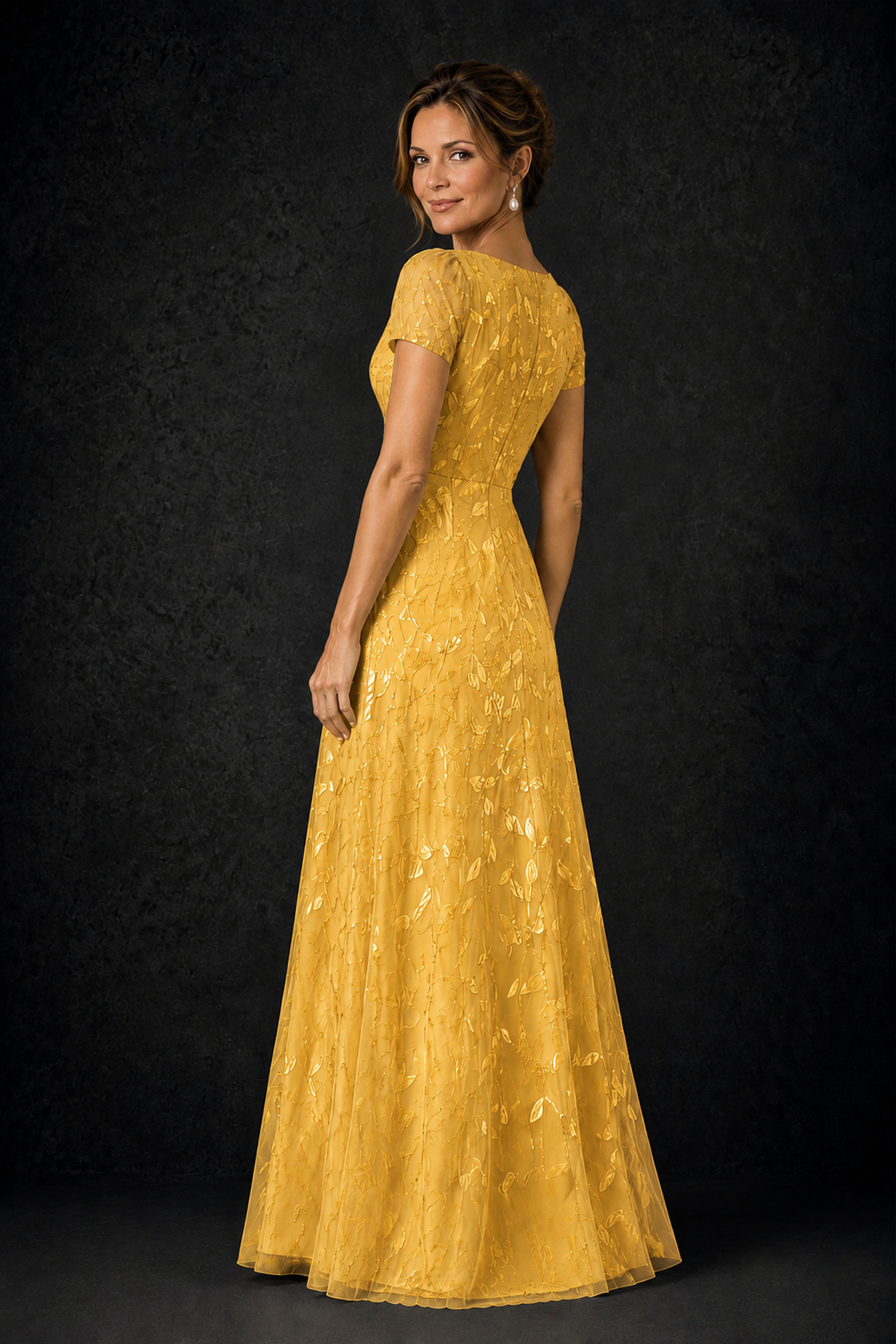 BOLODOO Yellow Leaf Embroidered A-Line Formal Gown with Cap Sleeves - Yellow - Yellow_2