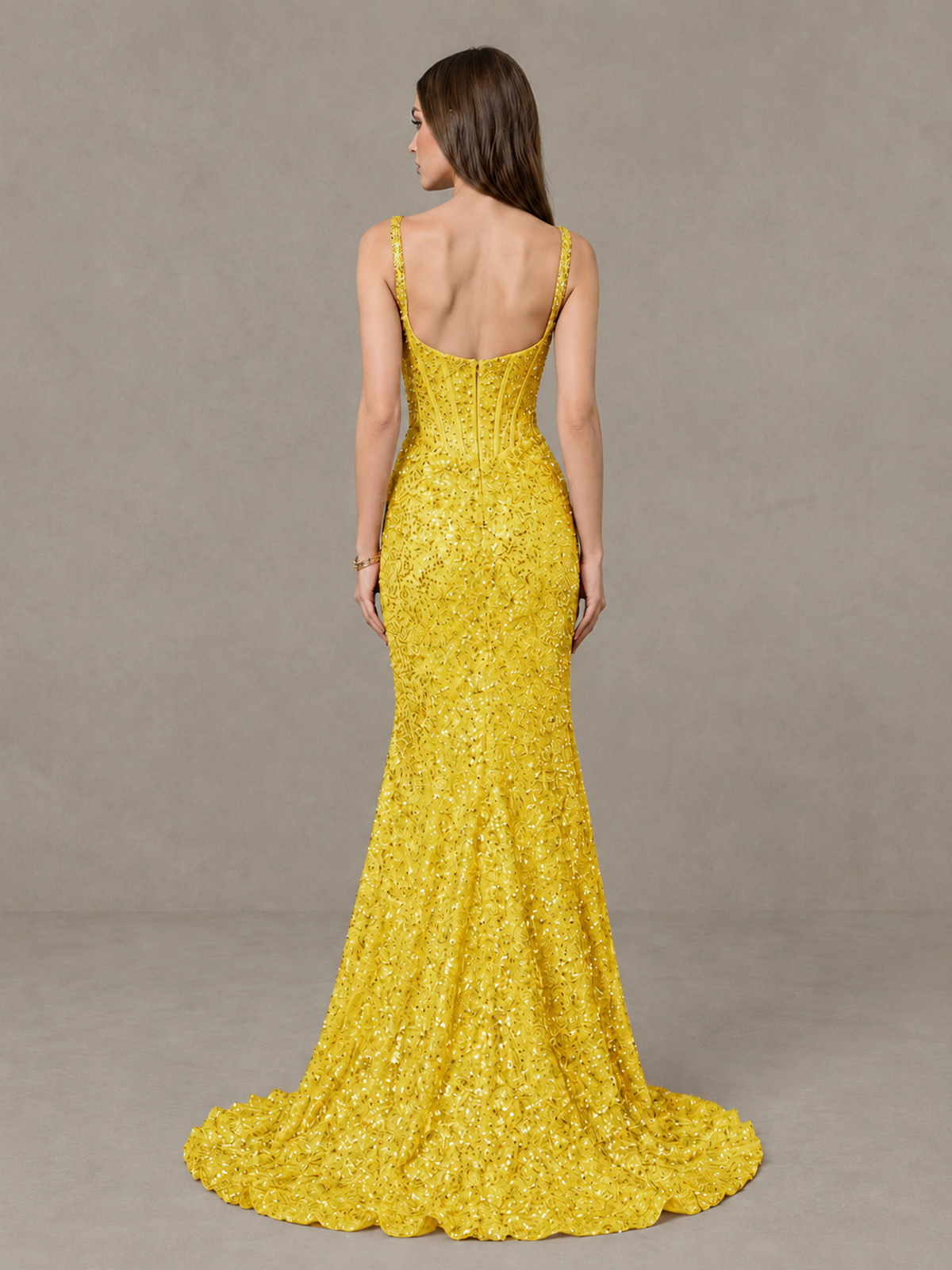 BOLODOO Yellow Sequin Corset Evening Gown with High Slit - Yellow - Yellow_2