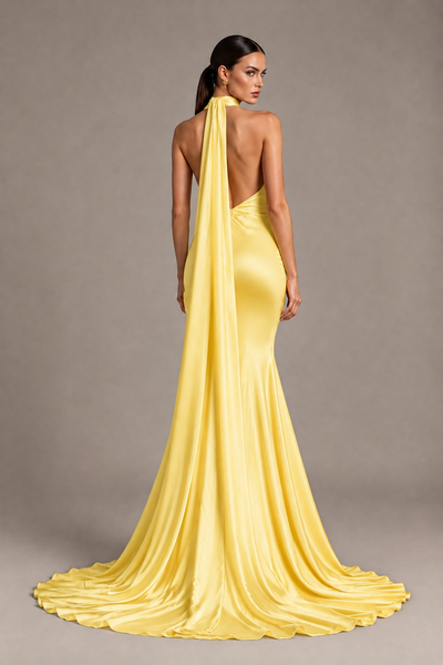 BOLODOO Yellow One-Shoulder Satin Mermaid Evening Dress with Scarf - Yellow - Yellow_2