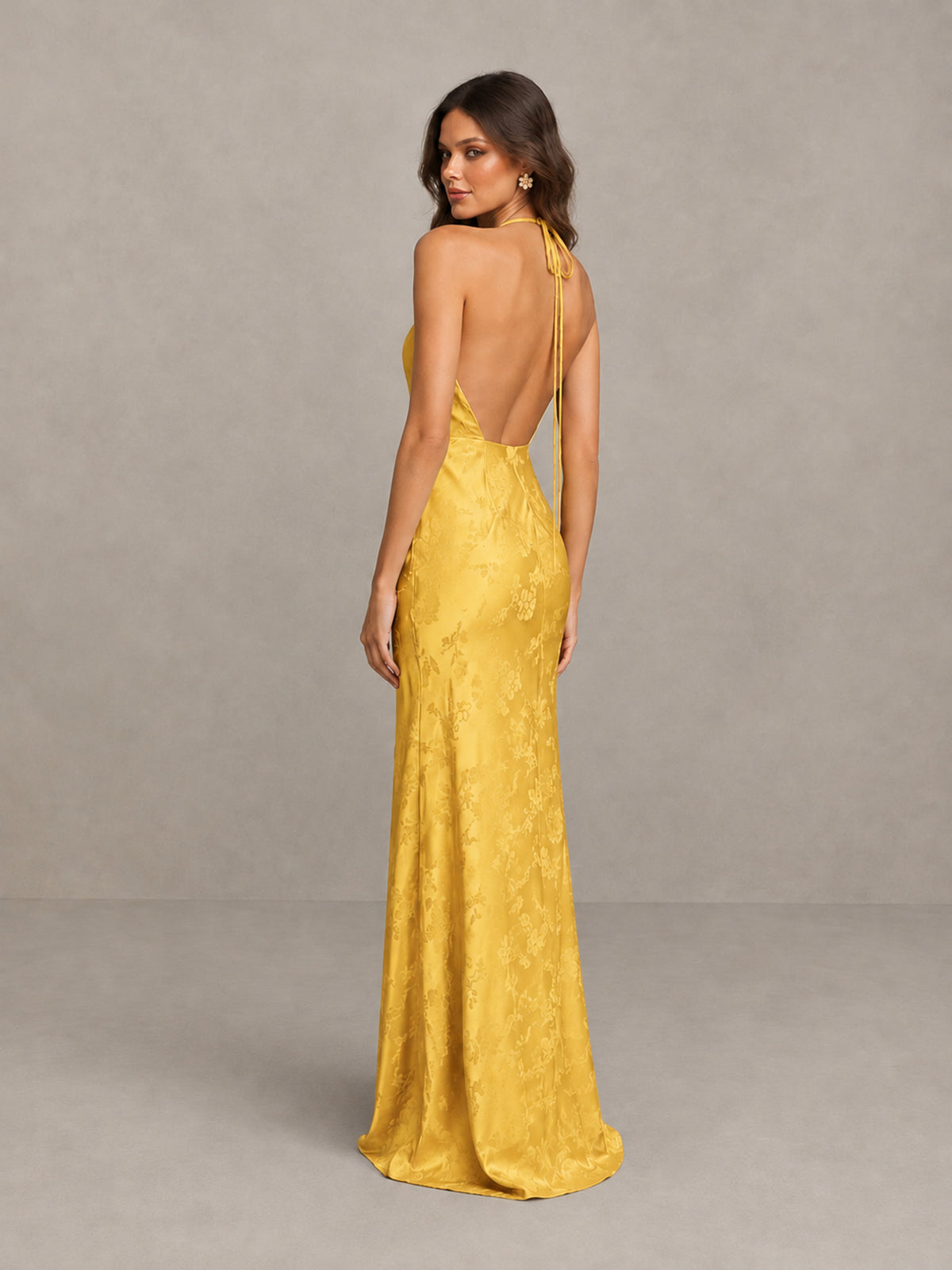 BOLODOO Yellow Floral Satin Open-Back Bridesmaid Dress - Yellow - Yellow_2