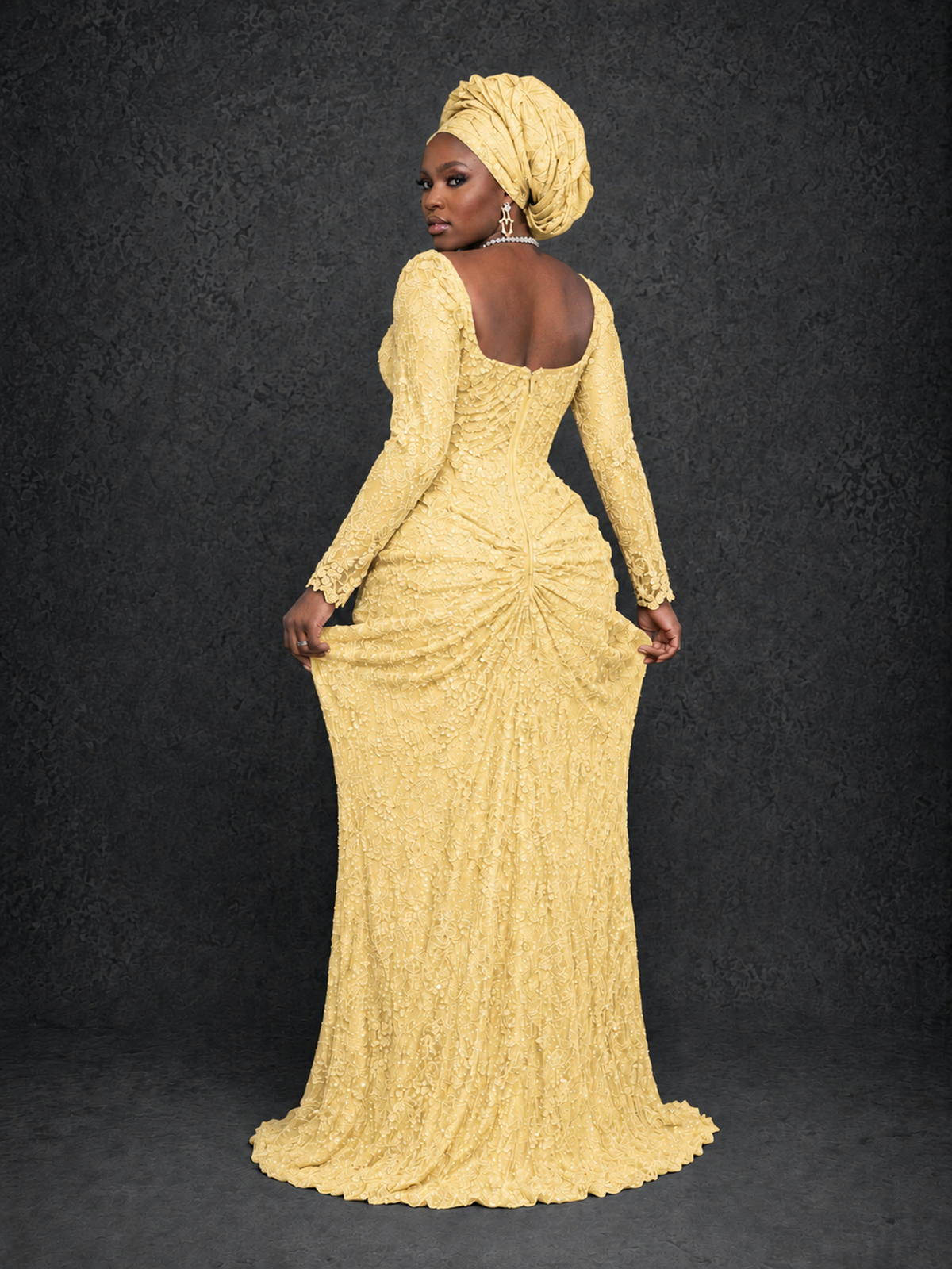 BOLODOO Yellow Beaded Lace Long Sleeve Mermaid Gown Sweetheart | Mother of the Bride - Yellow - Yellow_2