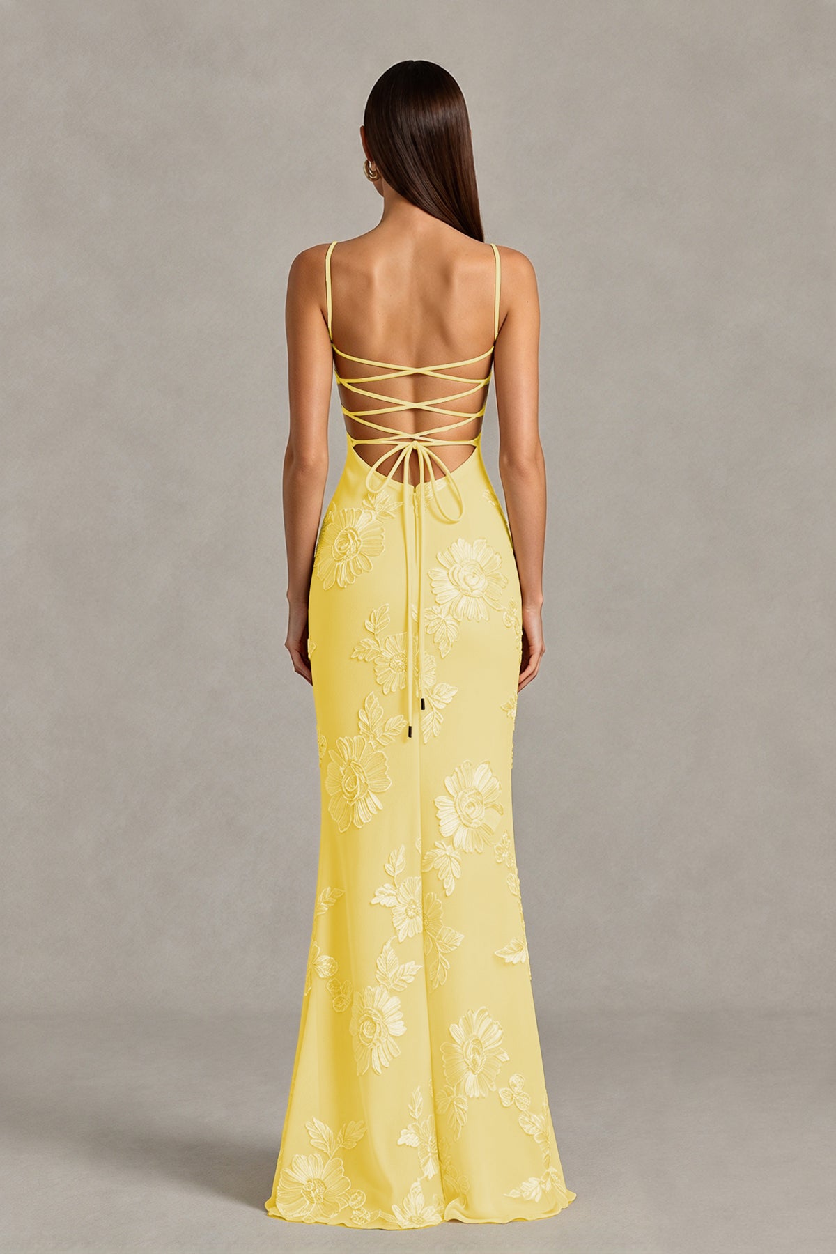 BOLODOO Yellow Floral Lace-Up Back Mermaid Maxi Dress - Yellow