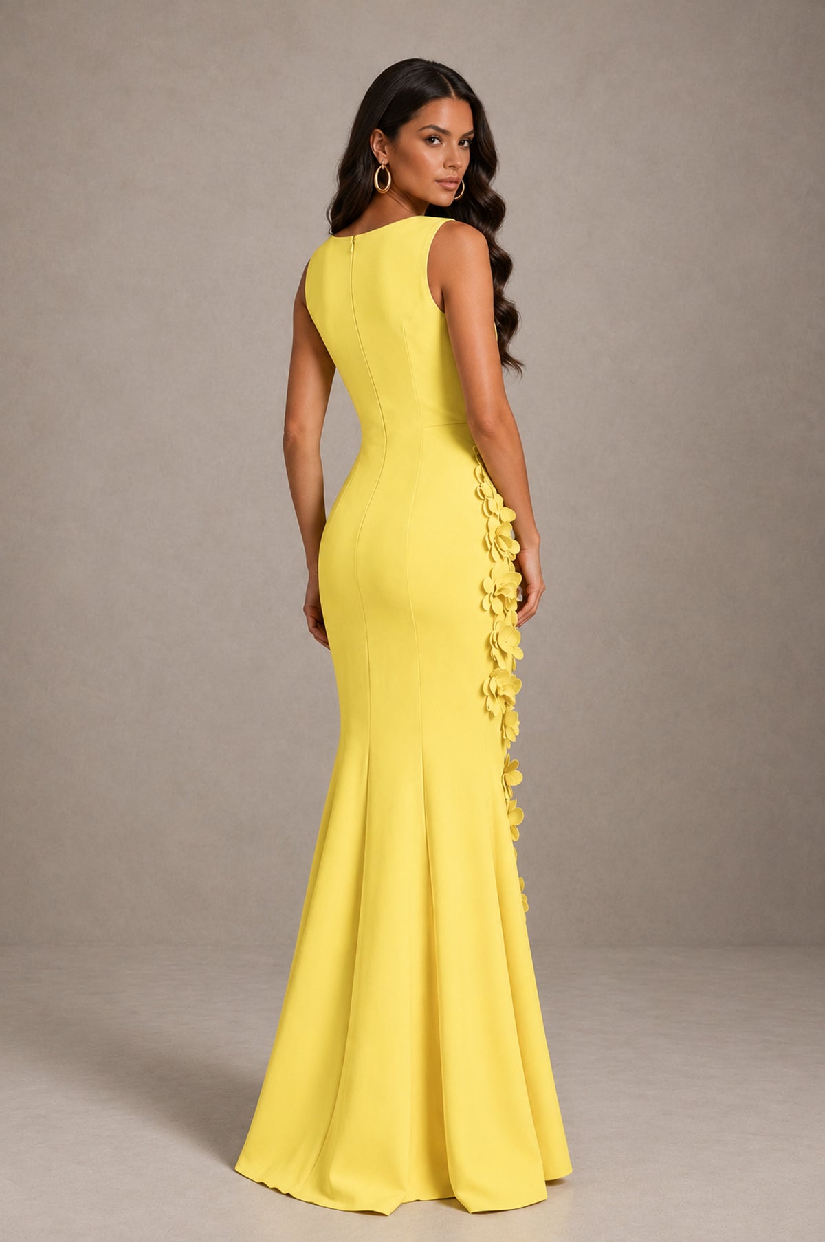 BOLODOO Yellow Bateau Neck Sleeveless Asymmetric Peplum 3D Petal Appliqué Mermaid Gown BD0421 - Yellow - Yellow_2