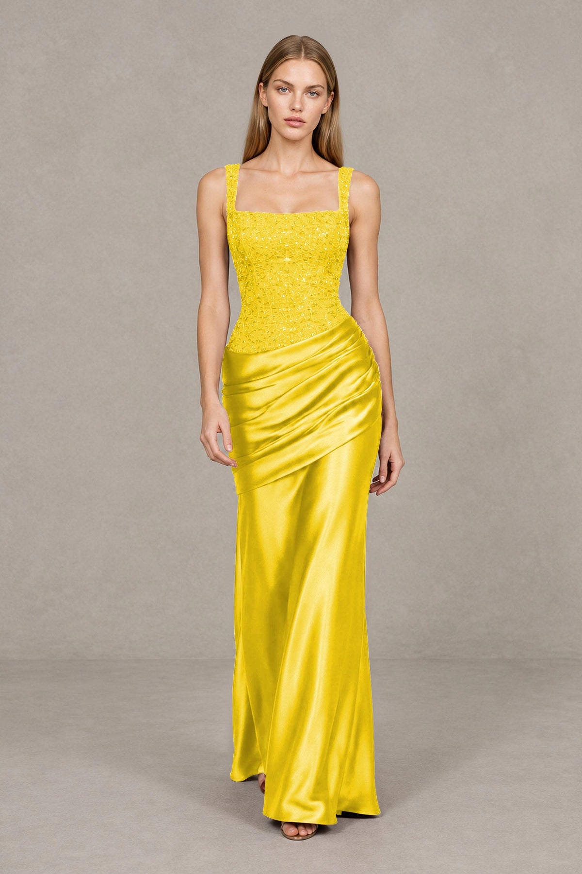 BOLODOO Yellow Square Neck Embellished Satin Evening Gown - Yellow