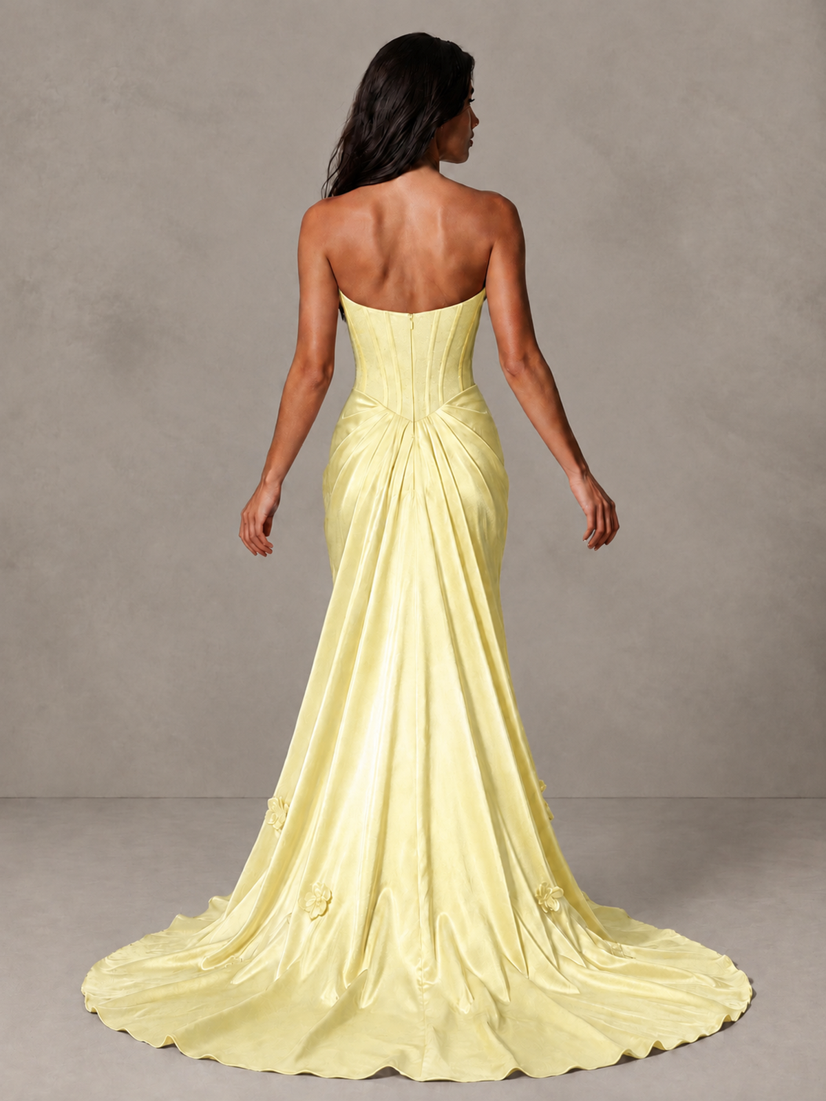 BOLODOO Yellow Strapless Floral Corset Evening Gown with Train - Yellow - Yellow_2