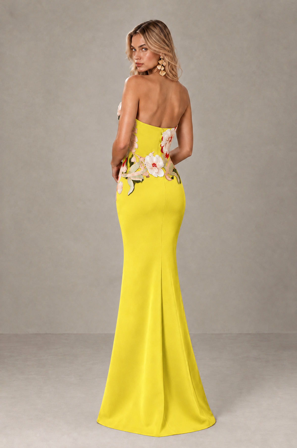 BOLODOO Yellow Strapless Floral Mermaid Evening Dress with Slit - Yellow - Yellow_2