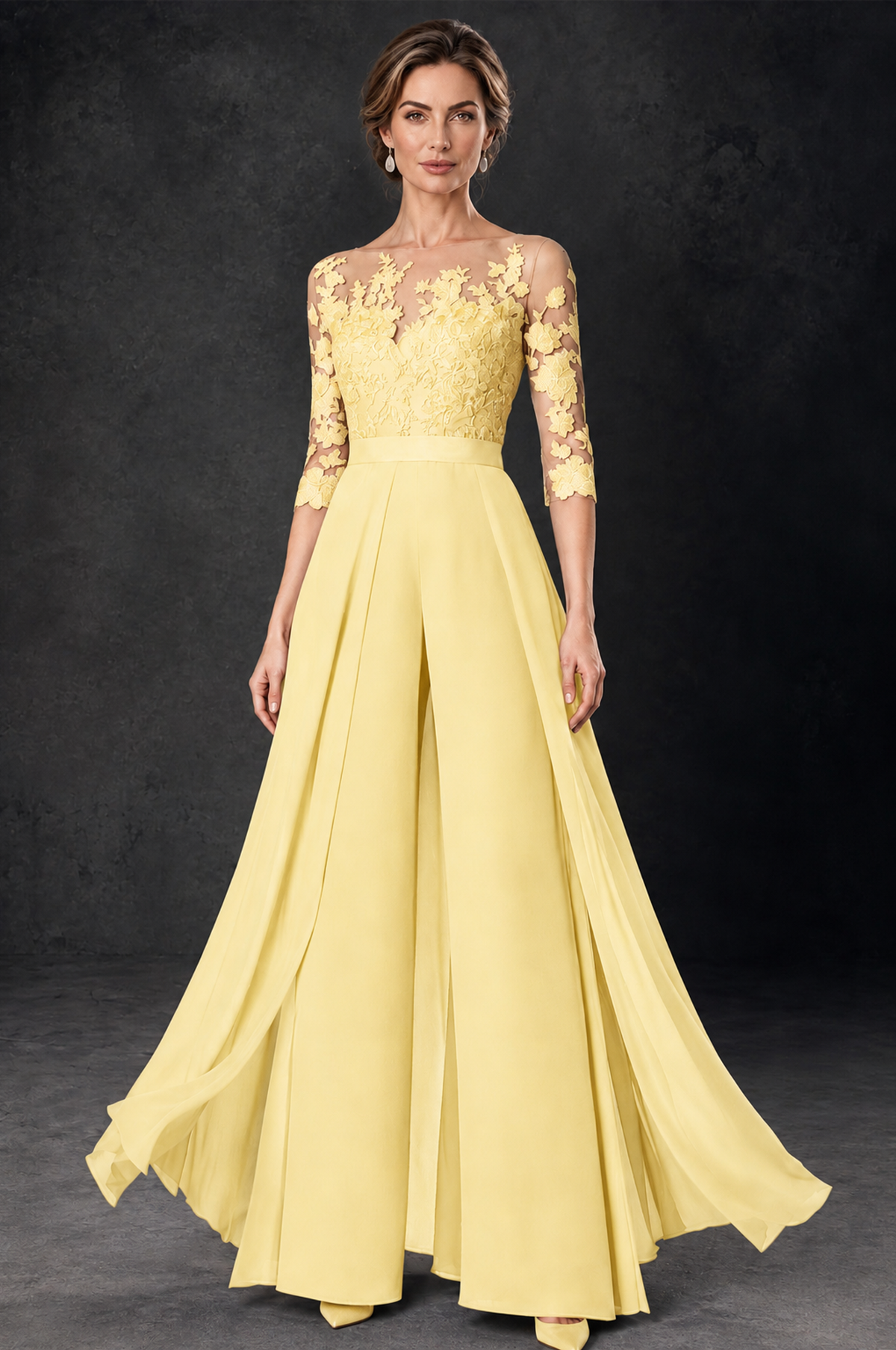 BOLODOO Yellow Lace Wide-Leg Jumpsuit with Three-Quarter Sleeves - Yellow - Yellow_2