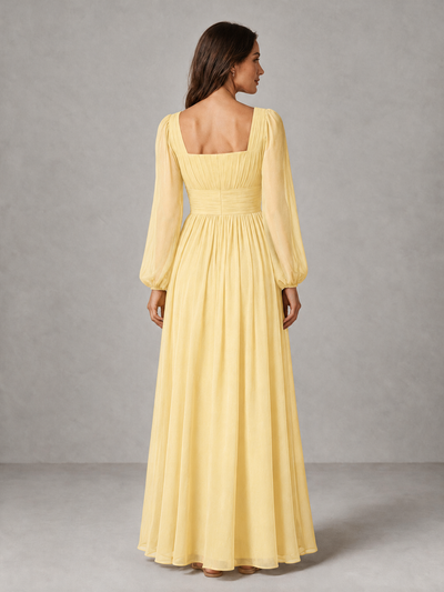 BOLODOO Yellow Square Neck Long Sleeve Chiffon Bridesmaid Dress - Yellow - Yellow_2