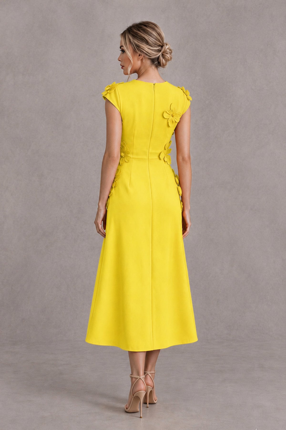 BOLODOO Yellow 3D Floral Cap Sleeve Midi Cocktail Dress - Yellow - Yellow_2