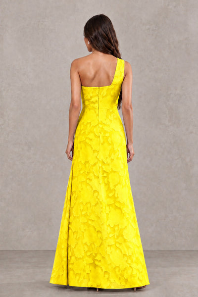 BOLODOO Yellow One-Shoulder Floral Textured Maxi Dress with High Slit - Yellow - Yellow_2