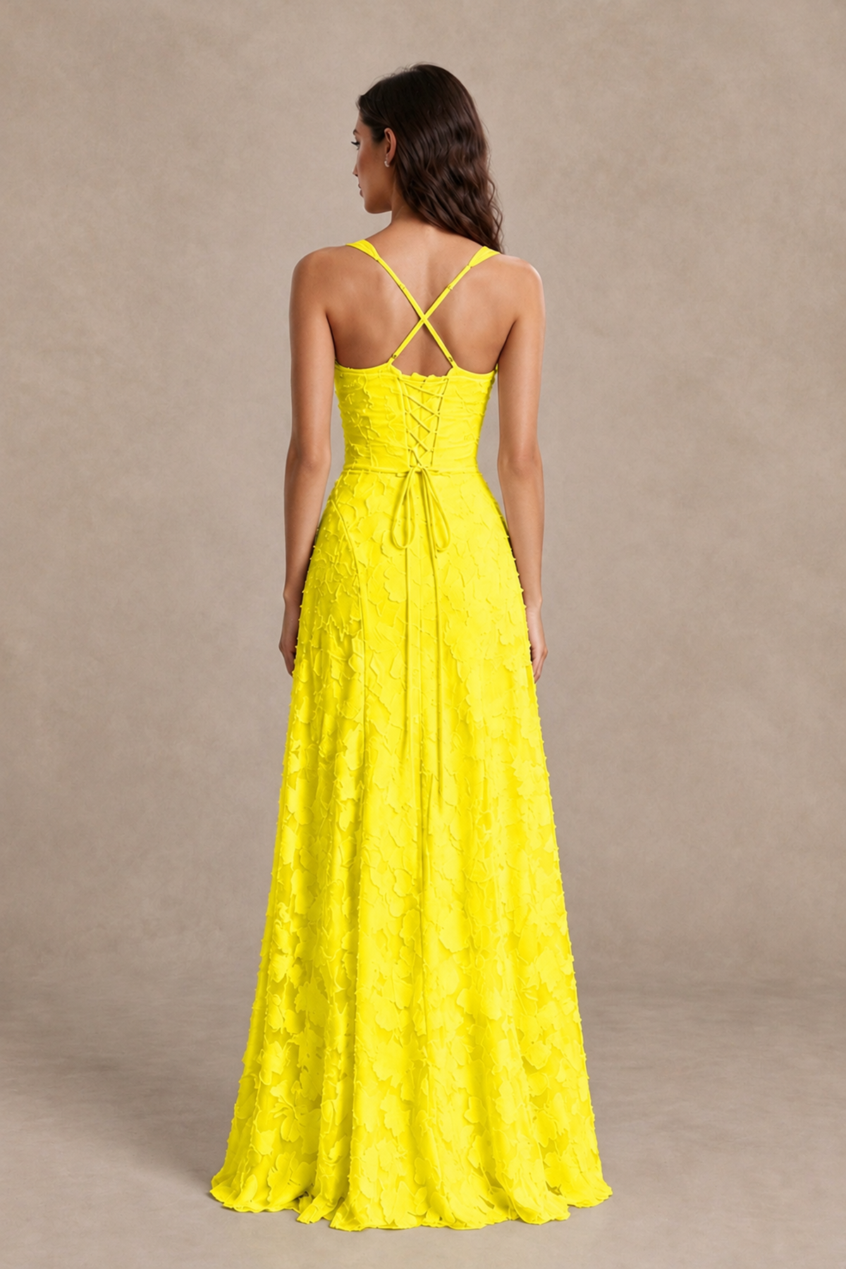 BOLODOO Yellow Floral-Textured A-Line Dress with Lace-Up Back - Yellow - Yellow_2