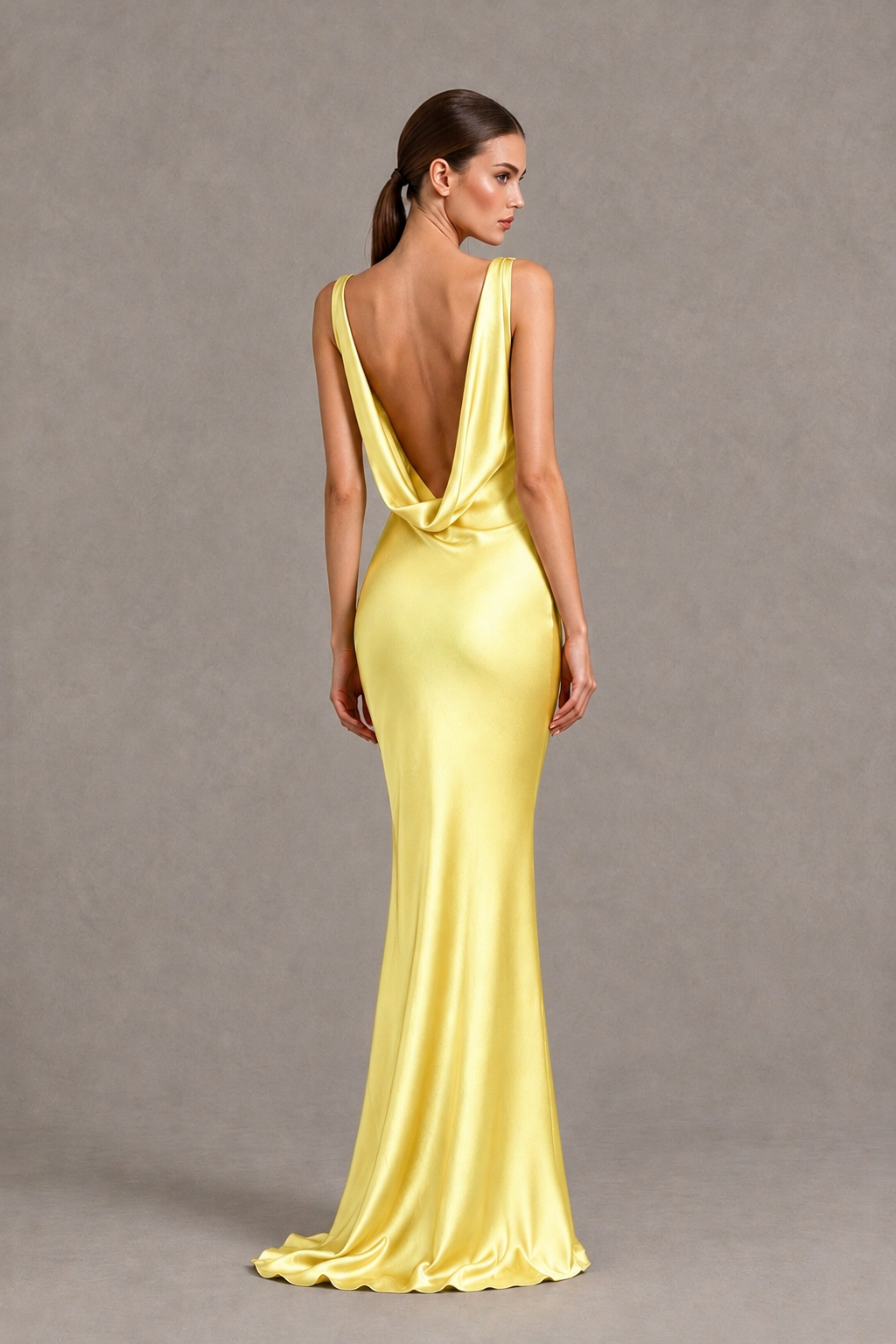 BOLODOO Yellow Cowl Neck Backless Satin Mermaid Evening Dress - Yellow - Yellow_2
