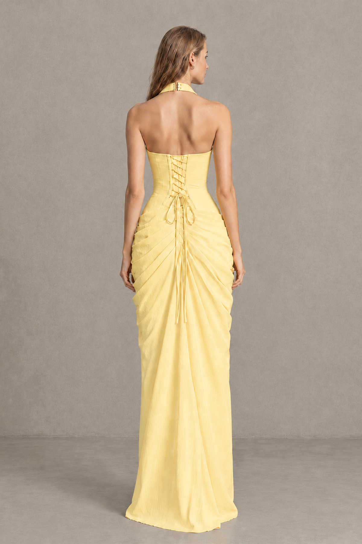 BOLODOO Yellow Halter Neck Ruched Maxi Dress with High Slit - Yellow - Yellow_2