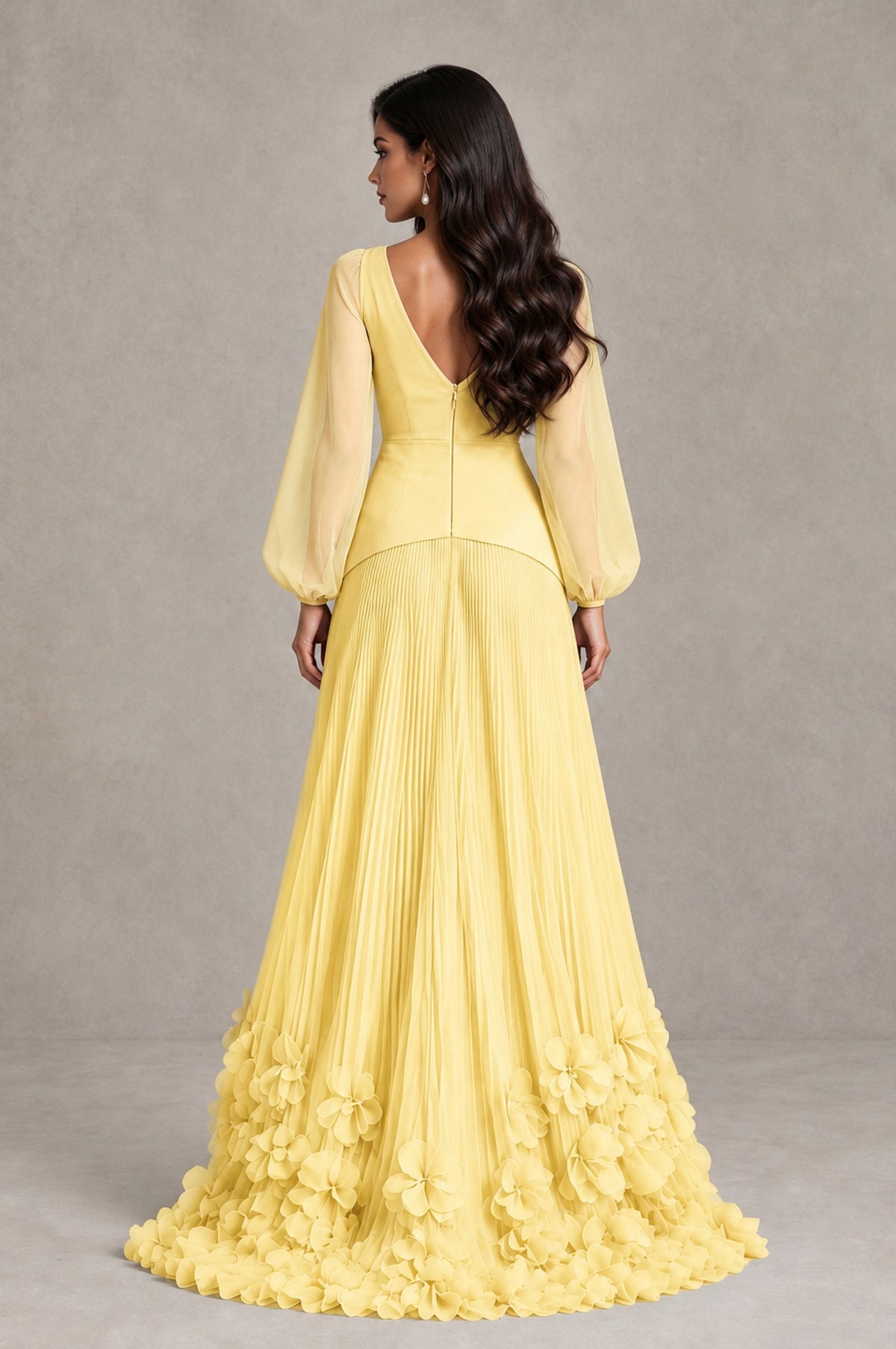 BOLODOO Yellow V-Neck Long Sleeve Pleated Floral Hem Evening Dress - Yellow - Yellow_2