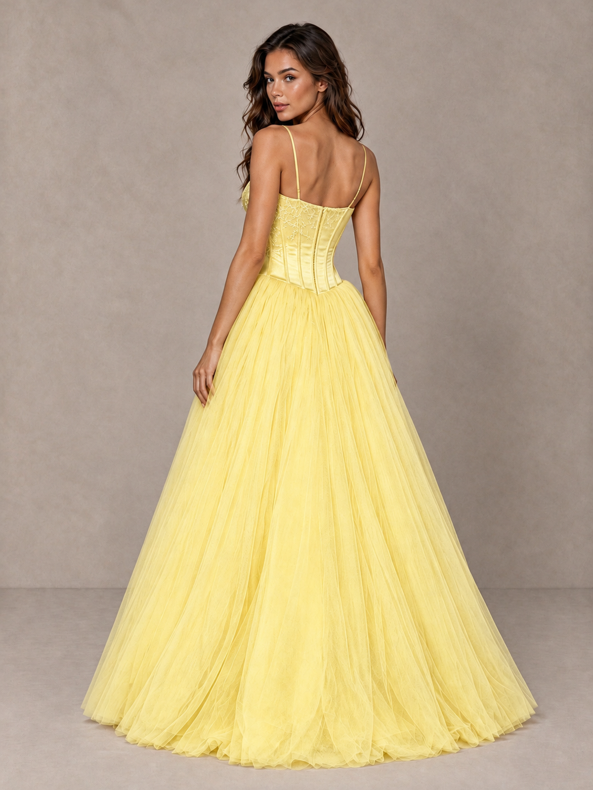 BOLODOO Yellow Corset Tulle Prom Dress with Spaghetti Straps - Yellow - Yellow_2