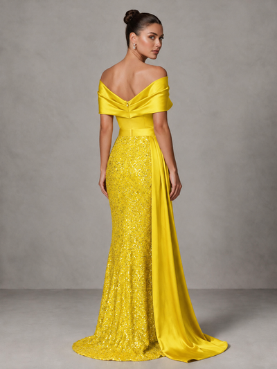 BOLODOO Yellow Sequin Mermaid Evening Dress with Off-Shoulder Satin Drape and Sweep Train - Yellow - Yellow_2