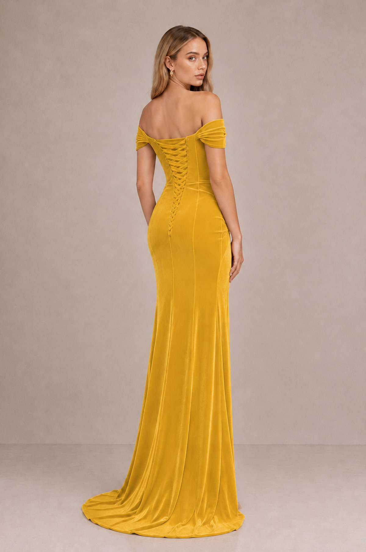 BOLODOO Yellow Velvet Off-Shoulder Ruched High Slit Evening Dress - Yellow - Yellow_2