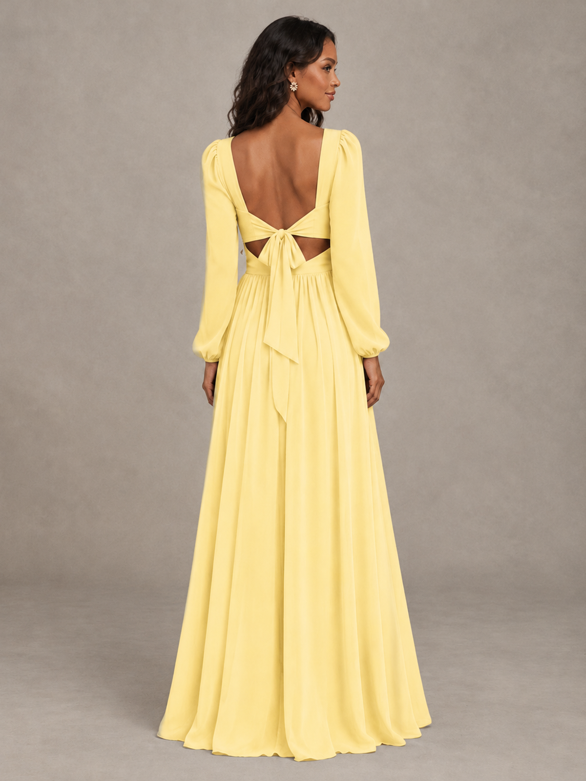 BOLODOO Yellow V-Neck Long Sleeve Bridesmaid Dress with Tie Back and Slit - Yellow - Yellow_2