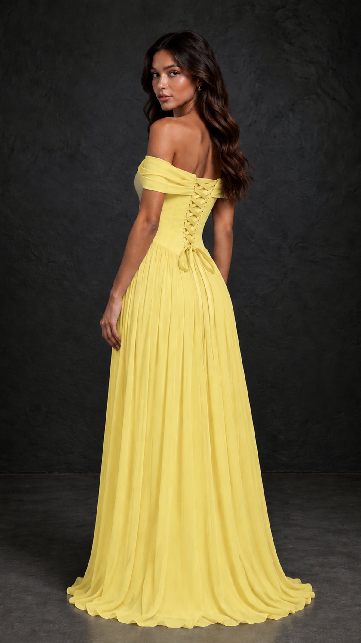 BOLODOO Yellow Off-Shoulder Sweetheart Corset Pleated Chiffon Maxi Dress - Yellow