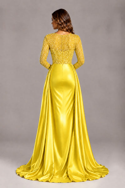 BOLODOO Yellow Long Sleeve Embellished Satin Evening Gown with Sweep Train - Yellow - Yellow_2