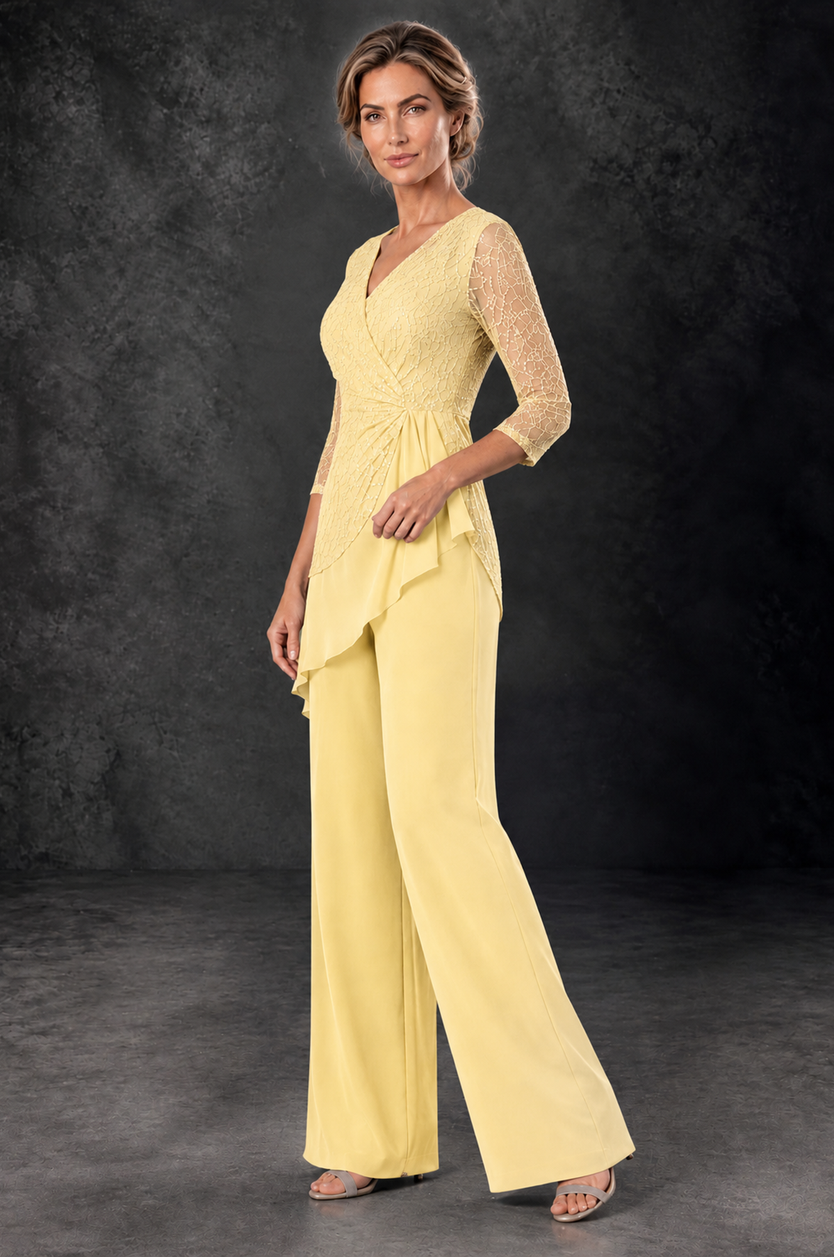 BOLODOO Yellow Sequin Lace 3/4 Sleeve Chiffon Mother of the Bride Pant Suit - Yellow - Yellow_2
