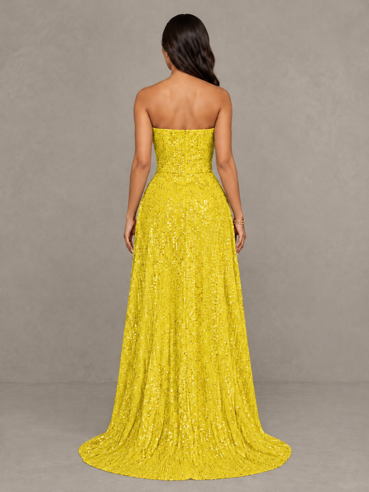 BOLODOO Yellow Sequin Strapless Mini Dress with High Low Overskirt - Yellow - Yellow_2