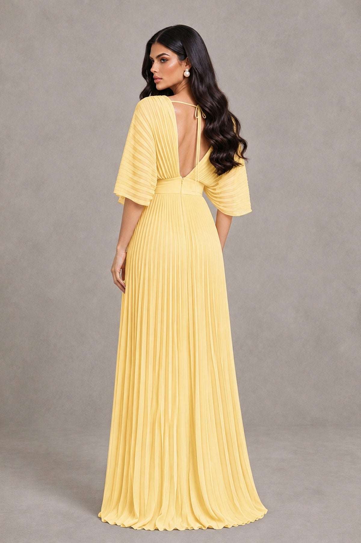 BOLODOO Yellow V-Neck Pleated Flutter Sleeve Formal Dress - Yellow - Yellow_2
