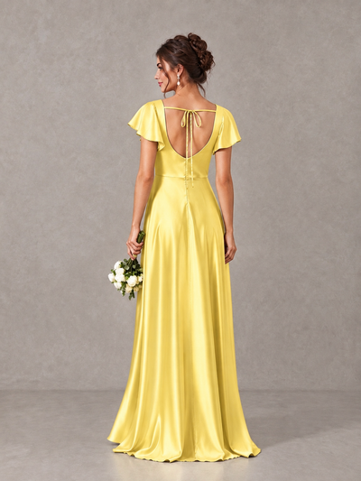 BOLODOO Yellow Satin Square Neck Flutter Sleeve A-Line Bridesmaid Dress with Slit - Yellow - Yellow_2